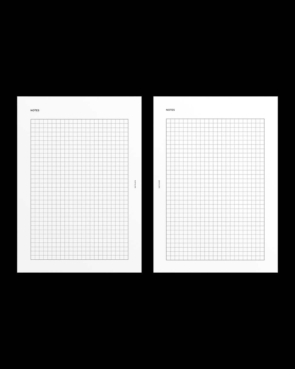 Two white Notairé graph paper A5 insert pages with a fine gray grid and the word 'NOTES' at the top left, shown side by side on a solid black background.