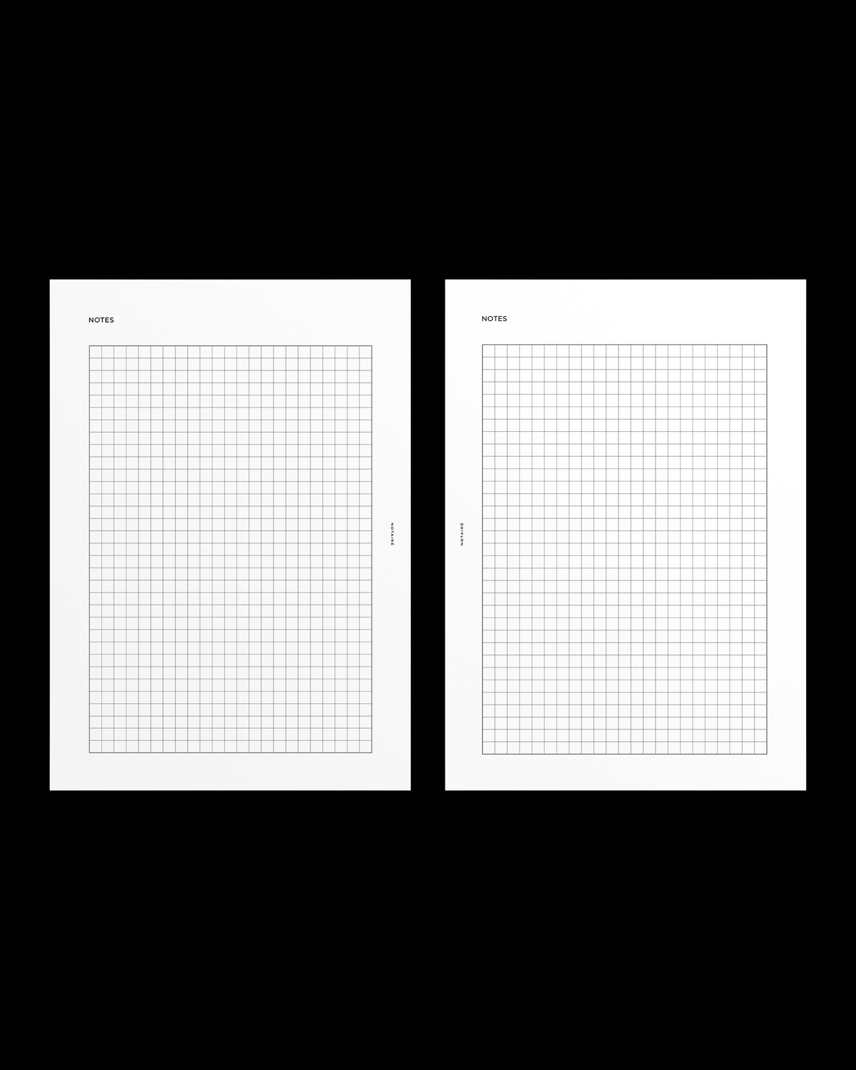 Two white Notairé graph paper A5 insert pages with a fine gray grid and the word 'NOTES' at the top left, shown side by side on a solid black background.