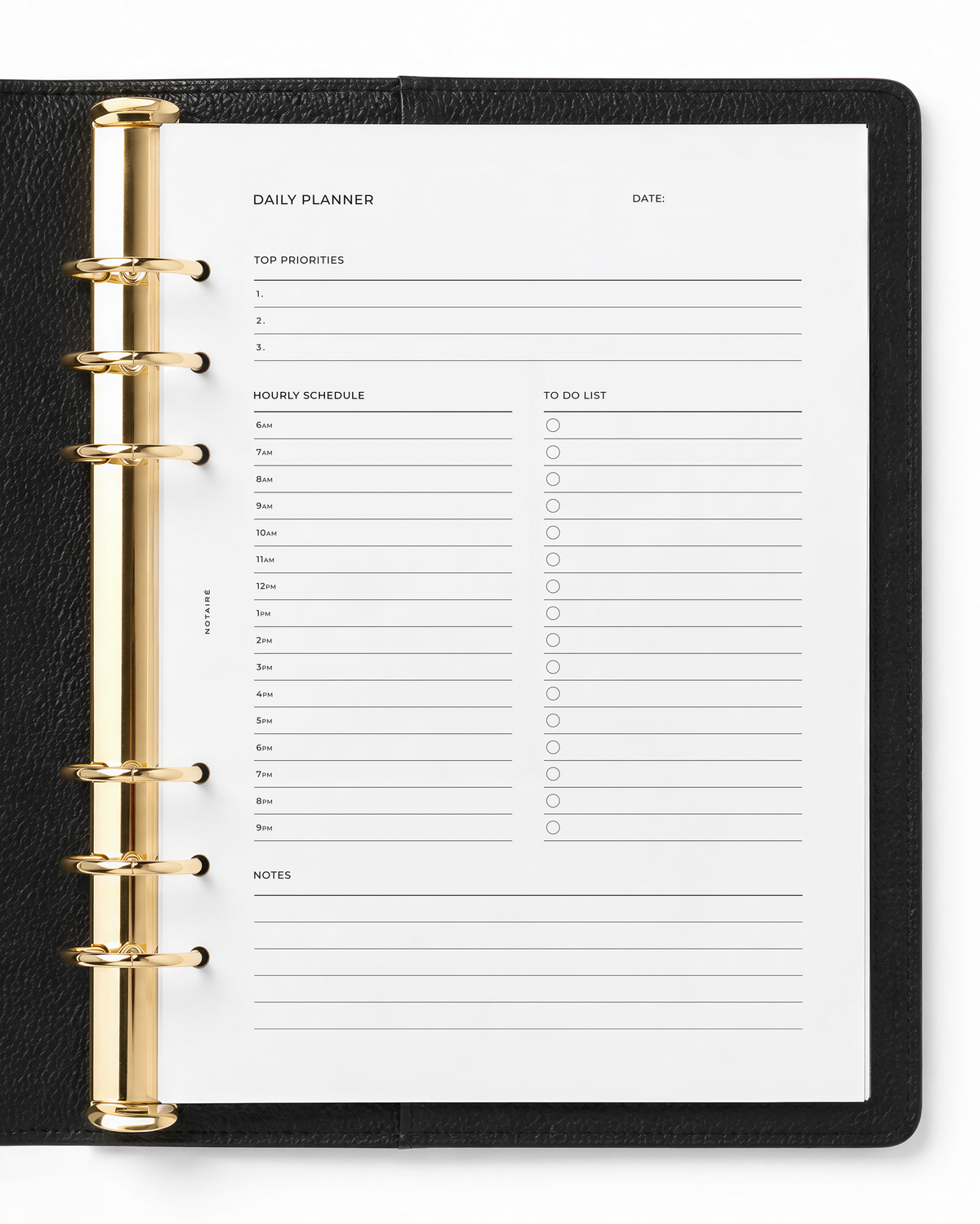A daily planner Notairé insert page from a black leather-bound ring binder planner with gold-tone metal rings, shown on a white background.