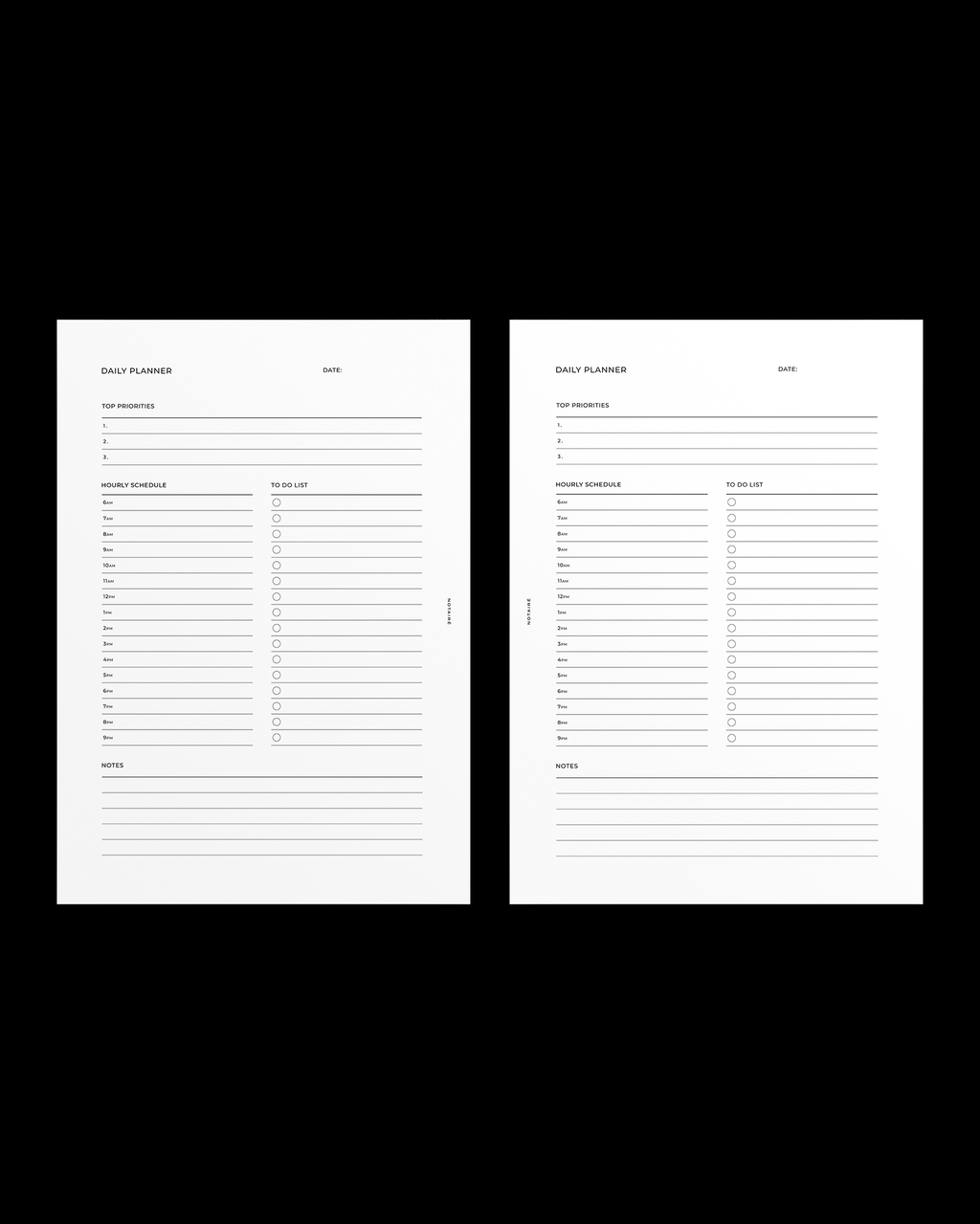 Two white Notairé daily planner pages with printed black text and lined sections, shown side by side on a solid black background.