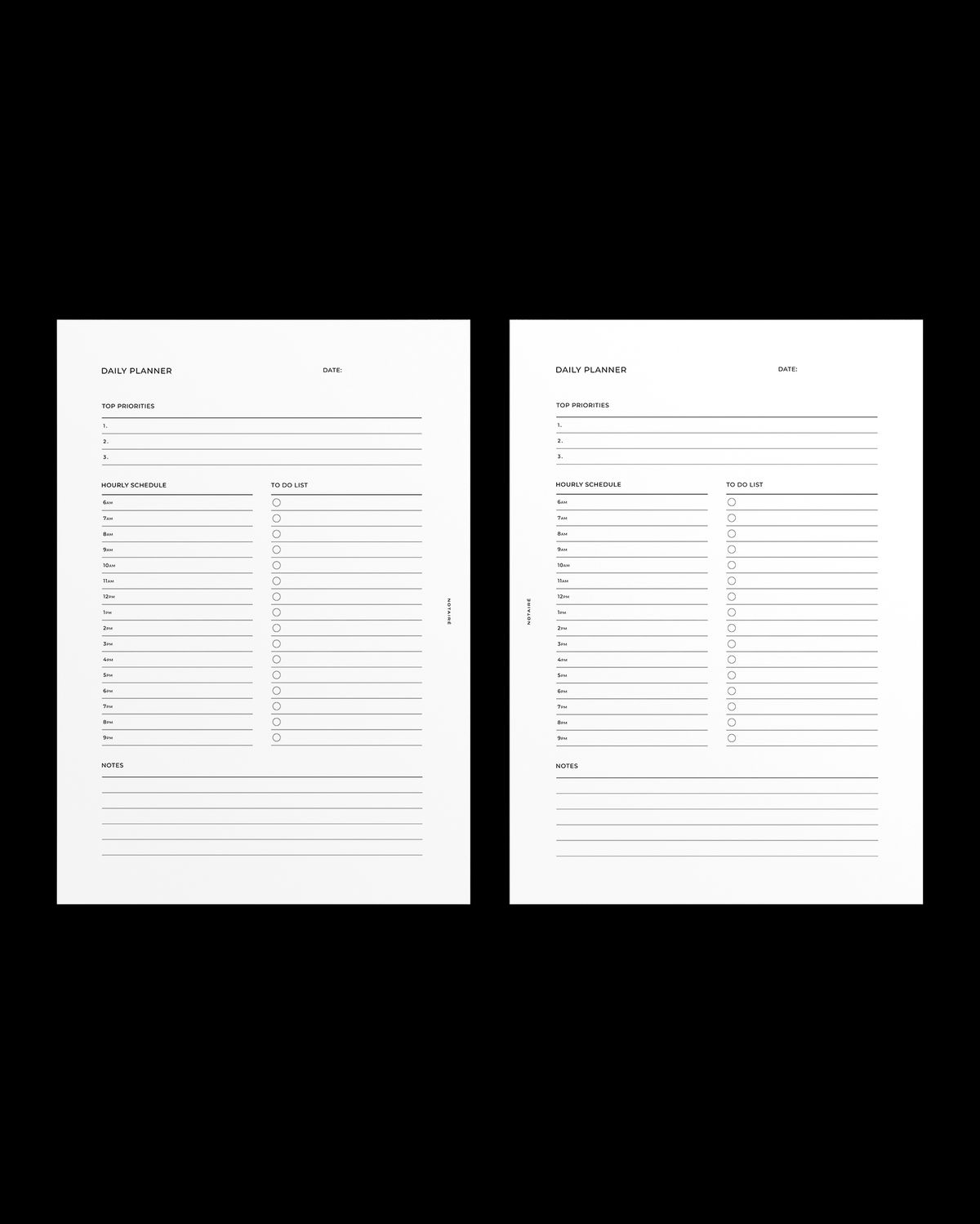 Two white Notairé daily planner pages with printed black text and lined sections, shown side by side on a solid black background.