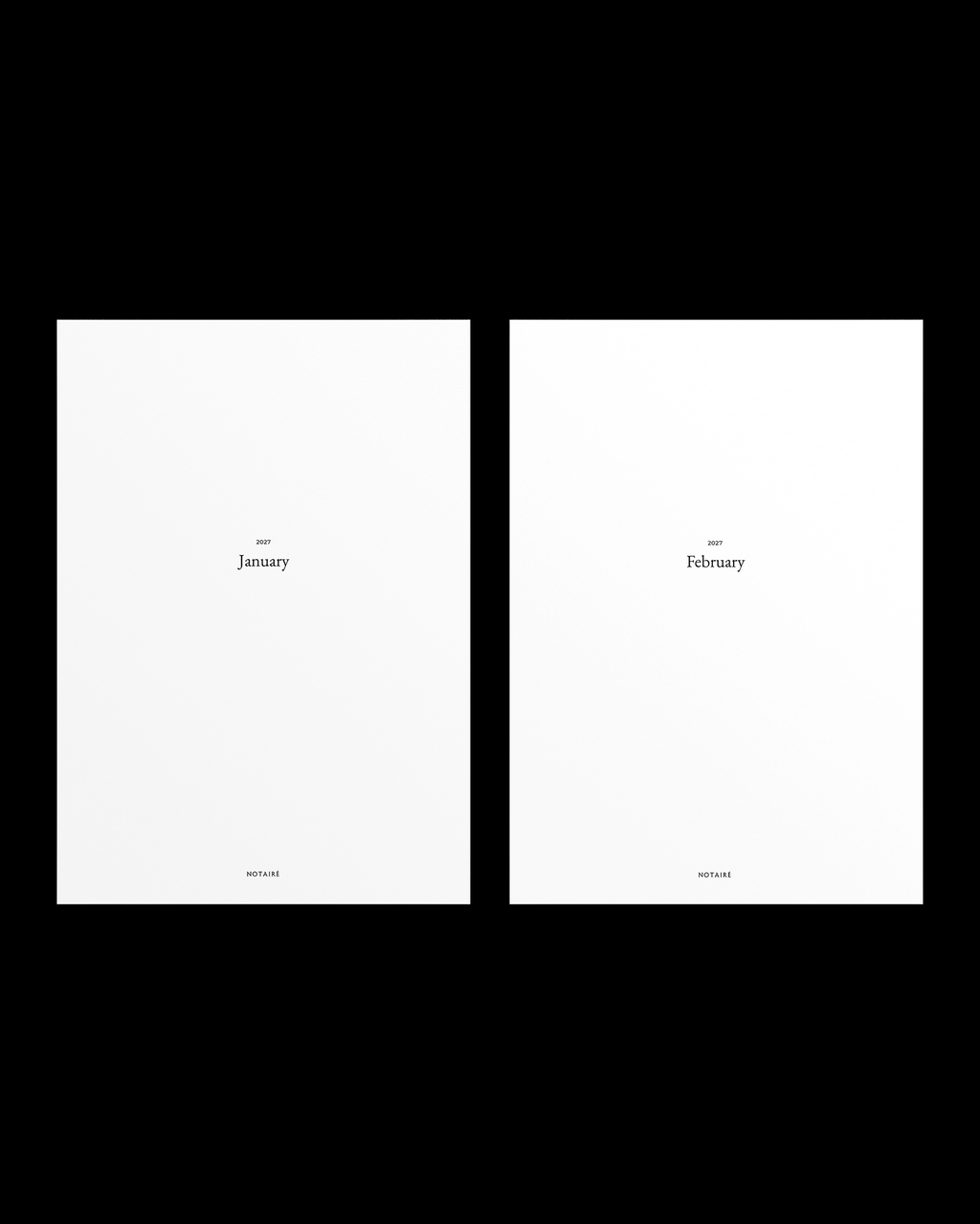 Two minimalist white Notairé inserts  shown side by side on a black background, each with small centered text reading 'the January' and 'the February' and tiny 'Notairé' branding near the bottom.
