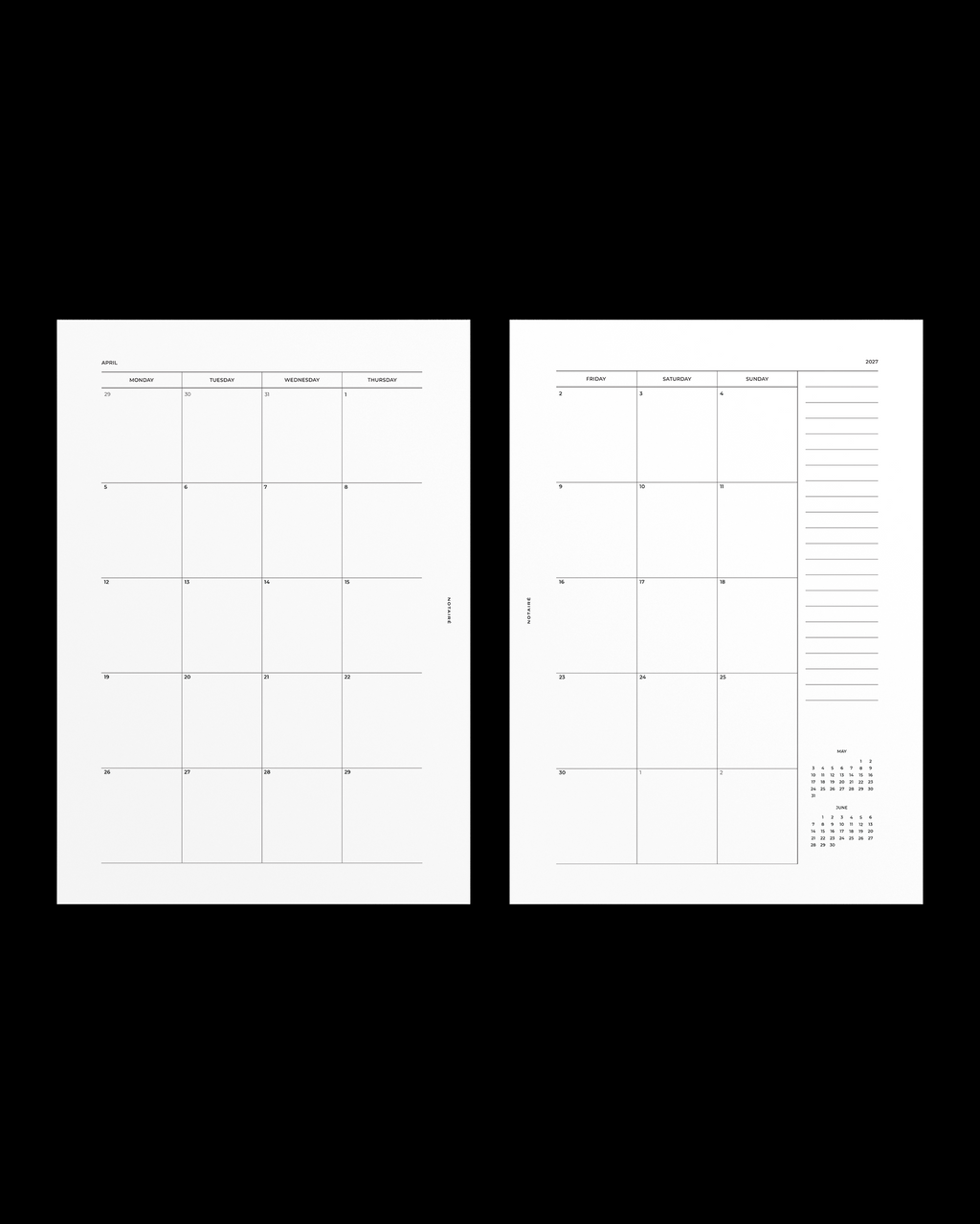 Two white Notairé monthly planner insert pages with thin gray printed lines and small text, shown side by side on a solid black background.