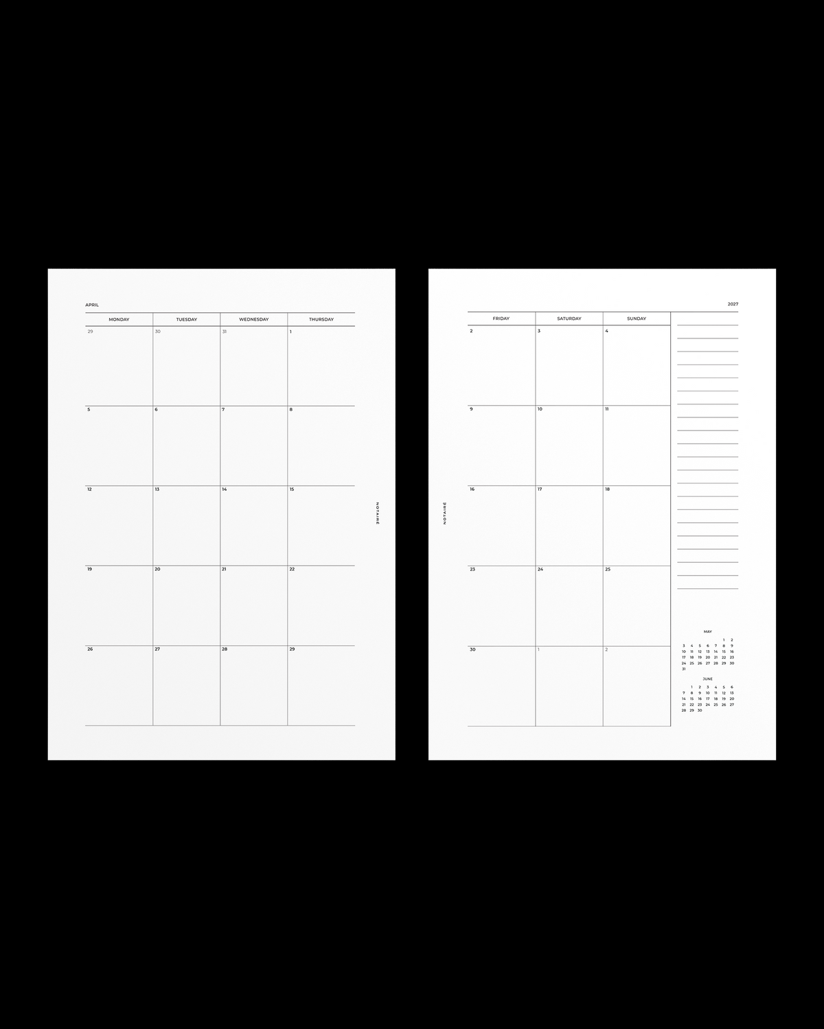 Two white Notairé monthly planner insert pages with thin gray printed lines and small text, shown side by side on a solid black background.