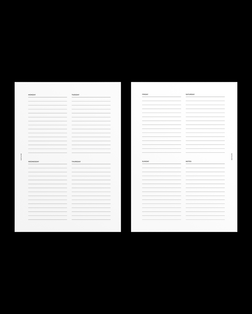 Two weekly Notairé planner insert pages with lined sections and small gray headings, shown side by side on a solid black background.
