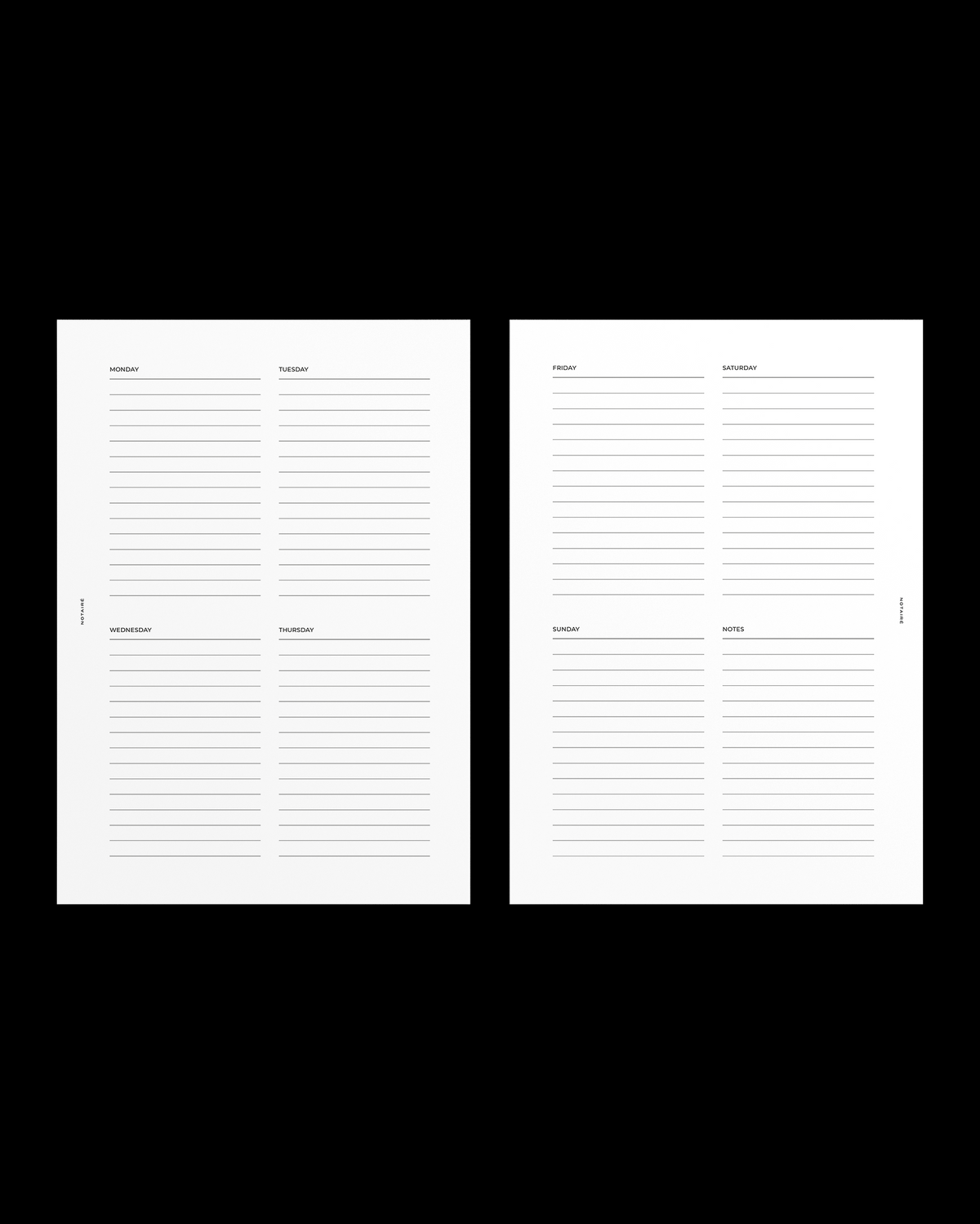 Two weekly Notairé planner insert pages with lined sections and small gray headings, shown side by side on a solid black background.