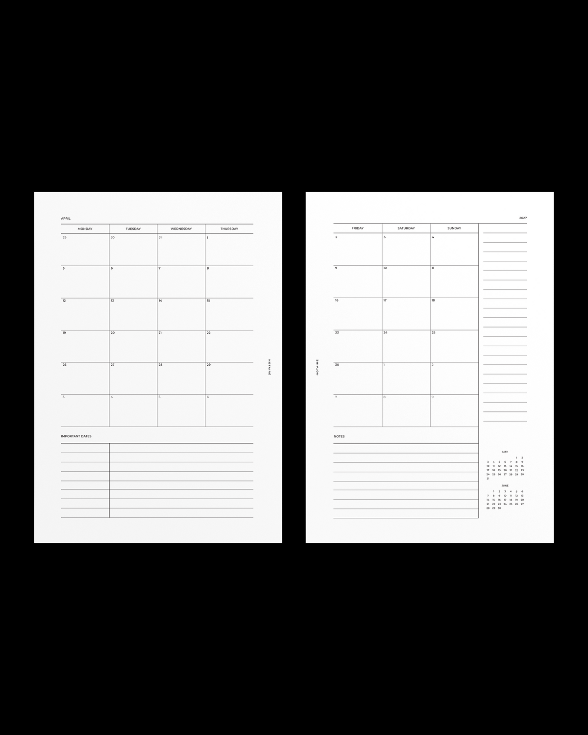 Two A5 Notairé planner insert pages shown side by side on a black background. The pages contain minimalist black line drawings of monthly calendars, weekly schedules, and lined notes sections.