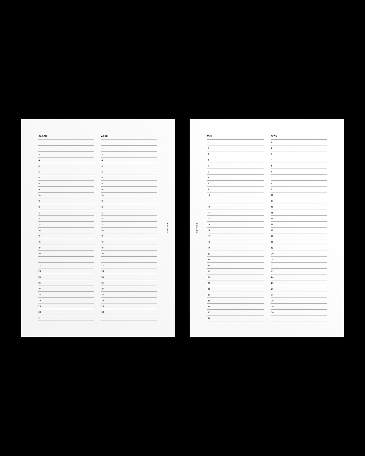 Two white Notairé  planner inserts with printed monthly planning grids, shown side by side on a solid black background.