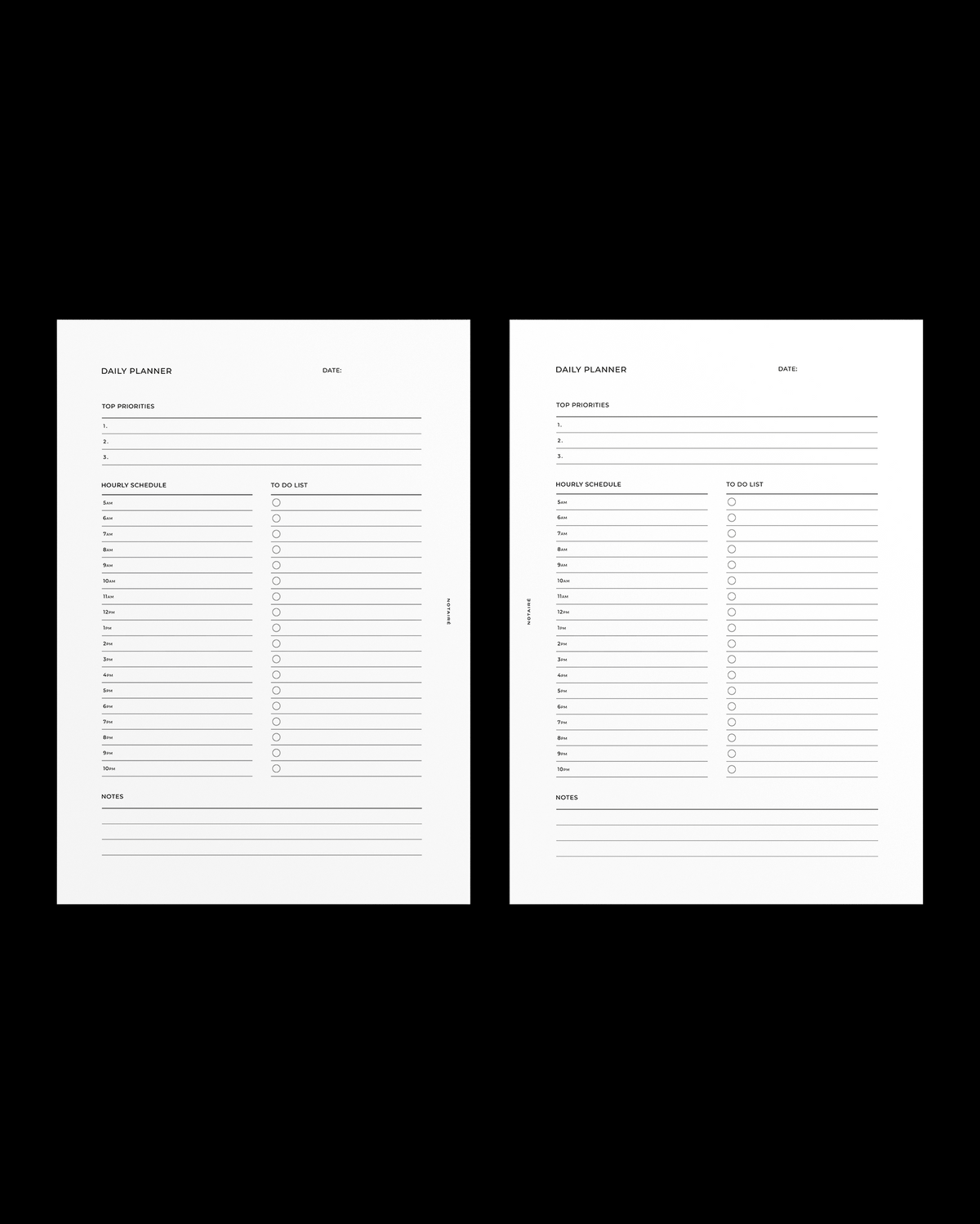 Two white Notairé daily planner insert pages with printed black text and lined checkboxes, shown side by side on a solid black background.