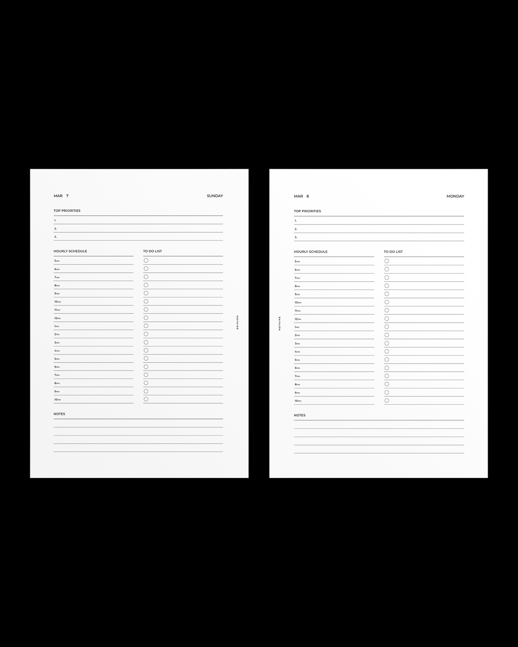 Two white Notaire dated daily  planner inserts with black text and lined sections for dates, notes, and checkboxes, shown side by side on a black background.