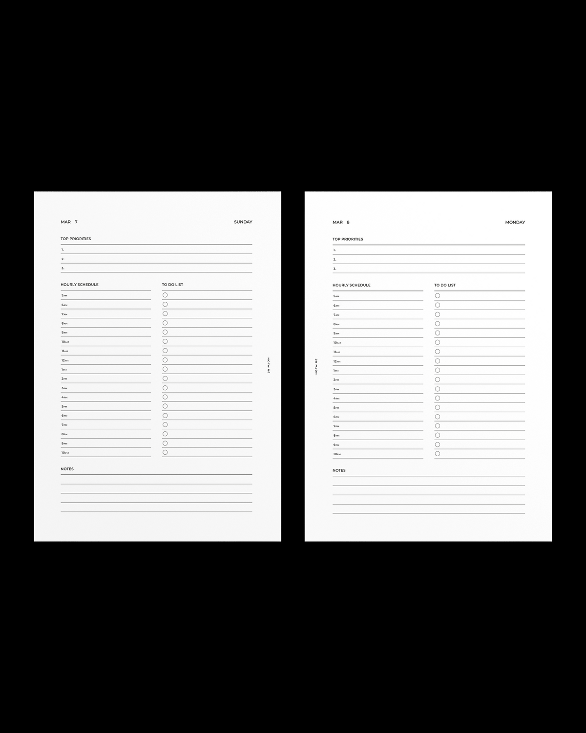 Two white Notaire dated daily  planner inserts with black text and lined sections for dates, notes, and checkboxes, shown side by side on a black background.