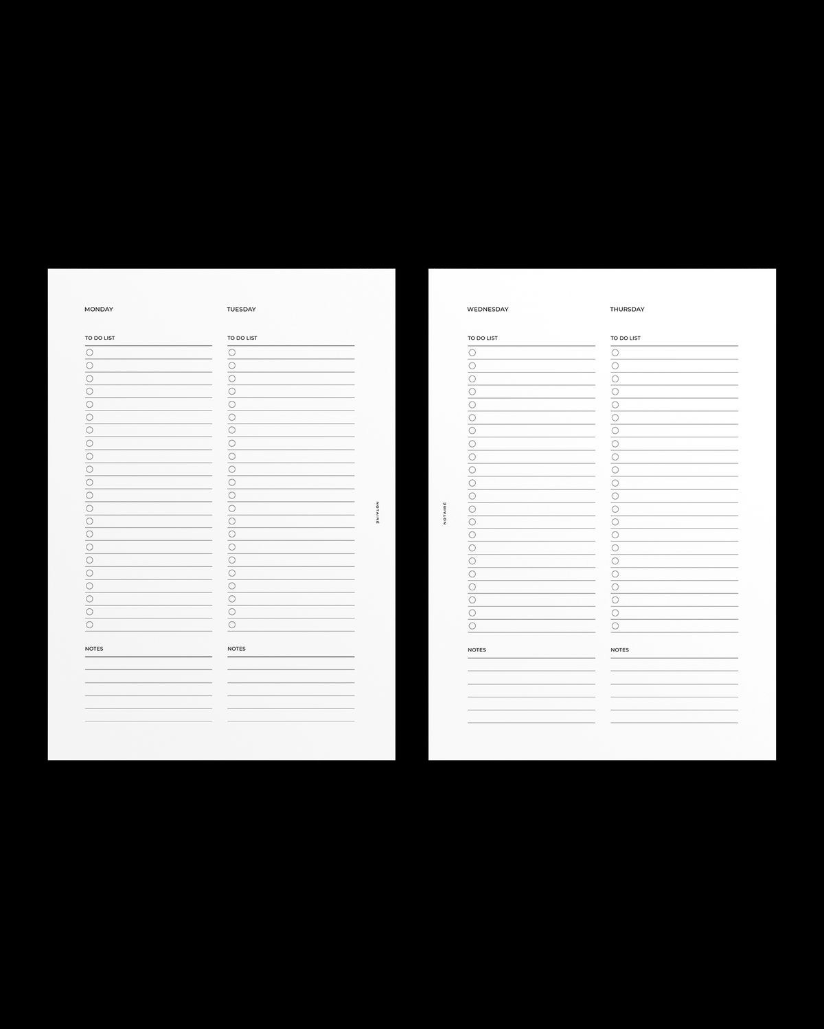 Two white Notaire planner insert pages with printed lines and headings for weekly planning, shown side by side on a solid black background.
