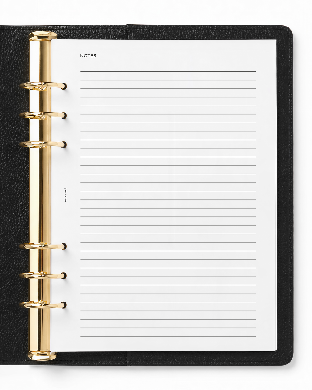A black Filofax leather-bound ring binder notebook with gold-tone metal rings and a white Notairé lined notes page, shown from a top-down view on a white background.