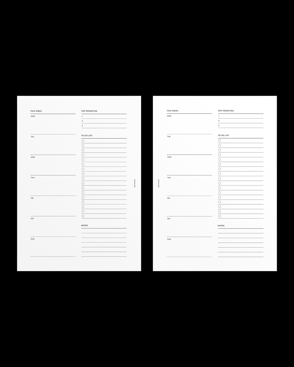 Two white Notairé planner or notebook interior spread pages with black printed lines and text fields, shown side by side on a solid black background.