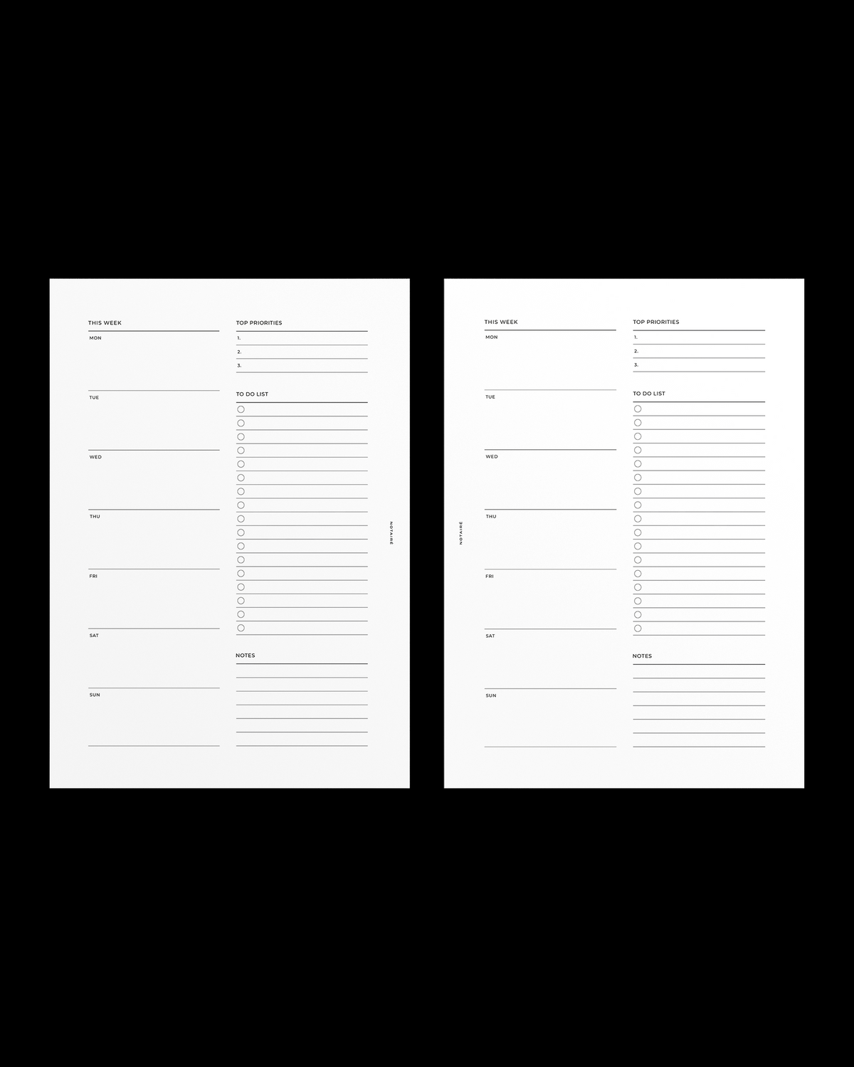 Two white Notairé planner or notebook interior spread pages with black printed lines and text fields, shown side by side on a solid black background.