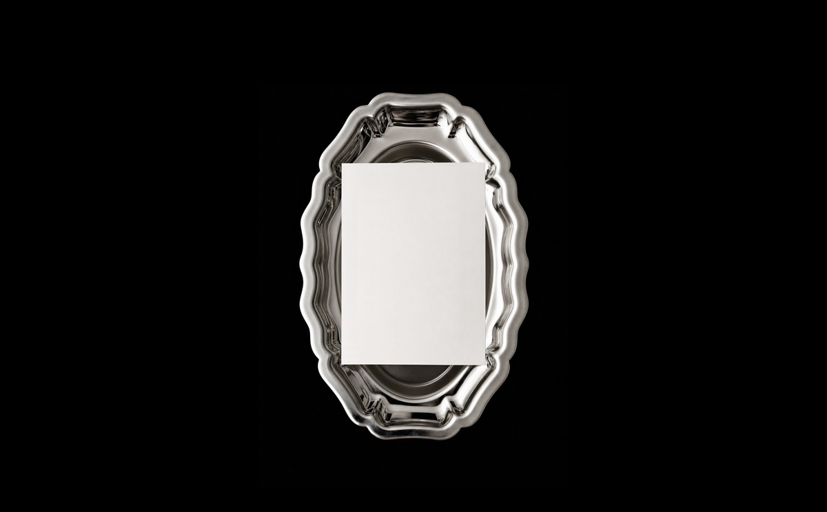 An oval silver-toned metal tray with a scalloped rim, shown against a solid black background. A blank white rectangular Notairé card is placed in the center of the tray.
