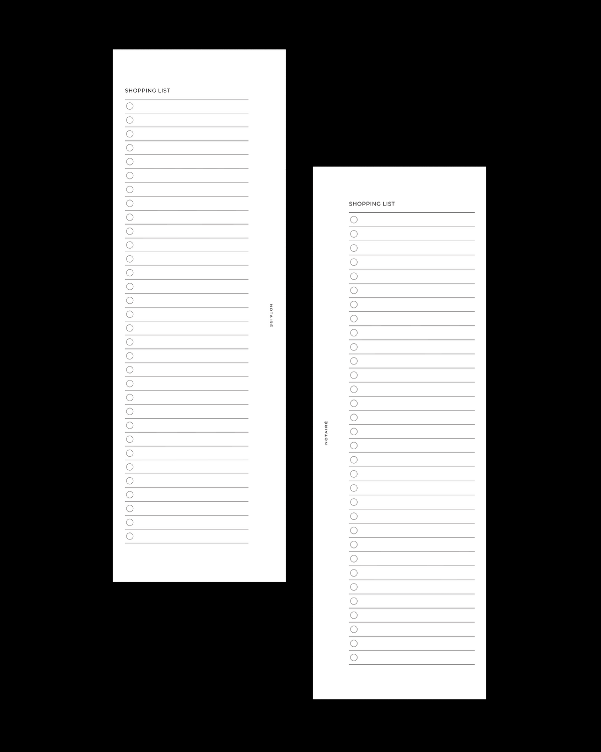 Two white shopping list Notairé half-page inserts with printed headers and lined checkboxes, shown on a solid black background.