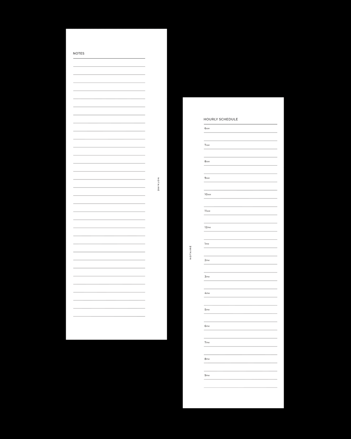 Two white shopping list A5 planner Notairé premium inserts with printed headers and lined checkboxes, shown on a solid black background.