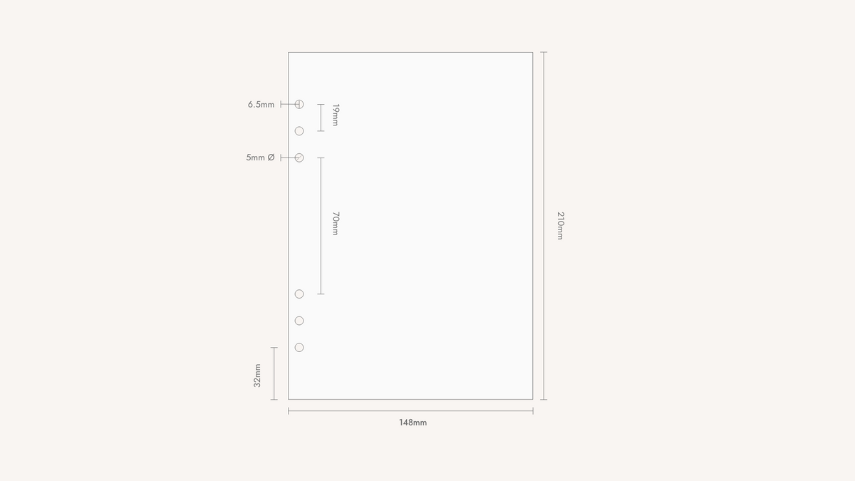 A minimalist Notairé A5 planner insert size guide on a light warm-gray background showing a rectangular product with dimension labels: 148mm width, 210mm height, and measurements for circular openings along the left side.