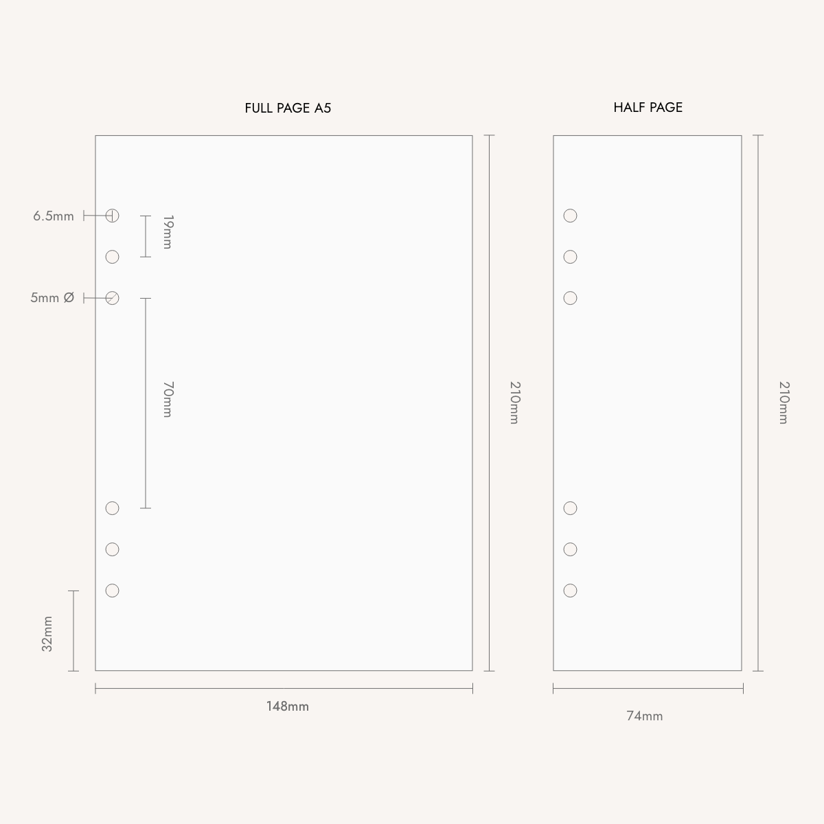 A simple Notairé insert size guide on a light beige background showing dimensions for a full page A5 and a half page layout, with measurements in millimeters and circular cutout/hole positions indicated.