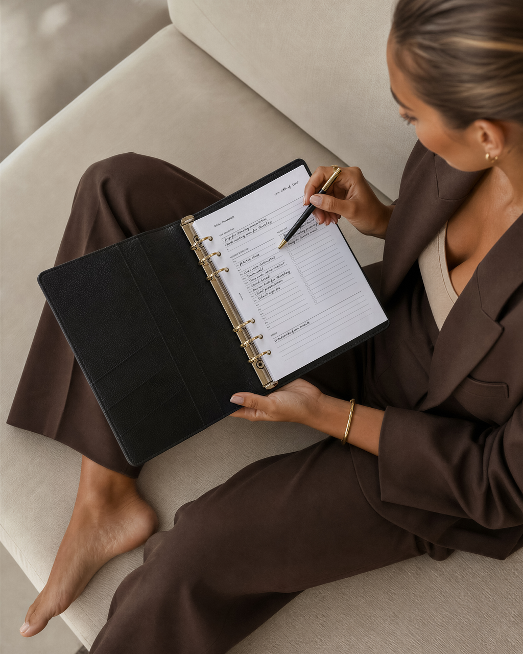 A woman in a brown blazer and pants sits barefoot on a beige sofa, writing in a black ring binder Notairé planner with gold rings.
