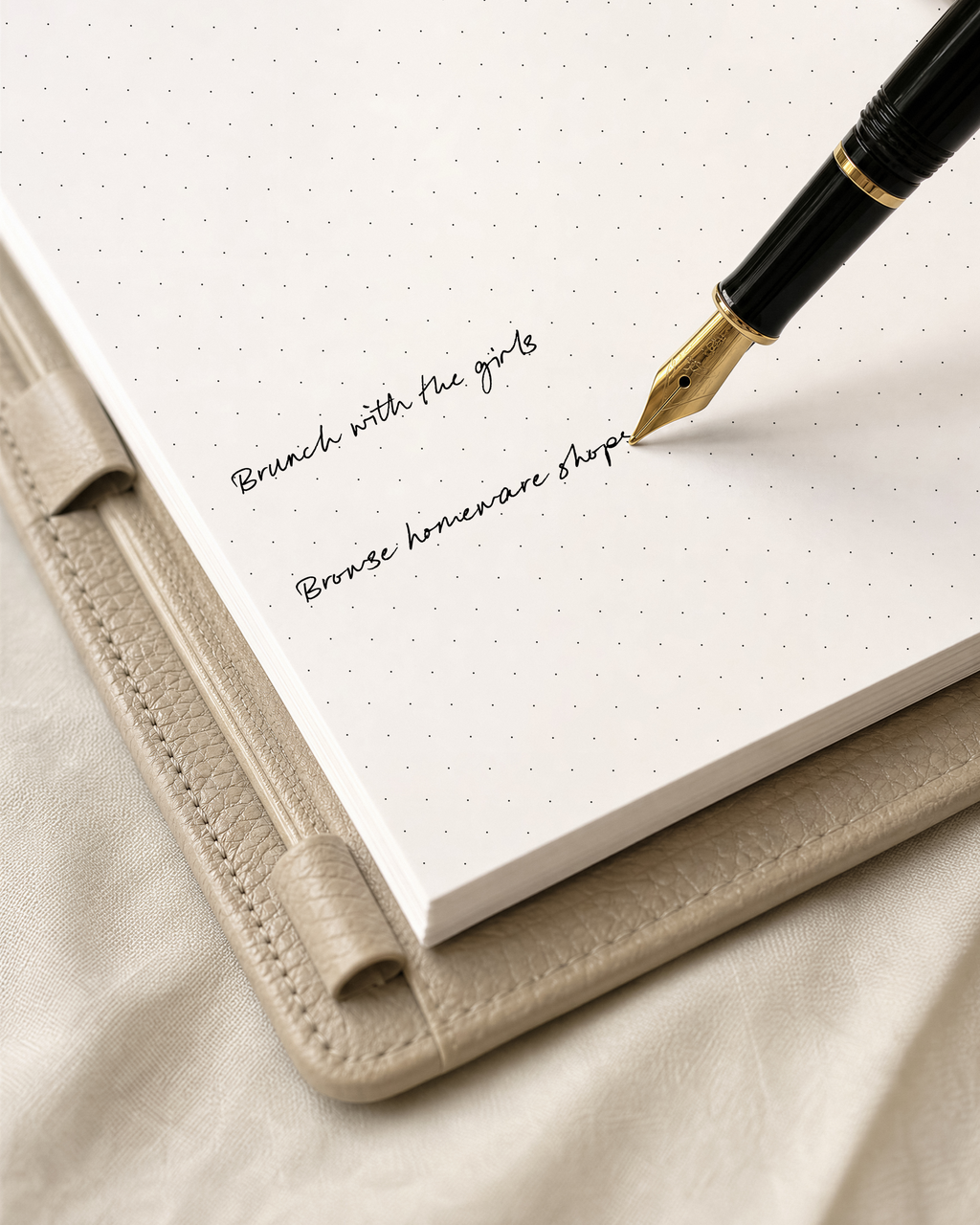 A close-up of a black and gold fountain pen writing on a white Notairé dotted notebook page, resting on a beige textured leather cover over a soft cream fabric background.