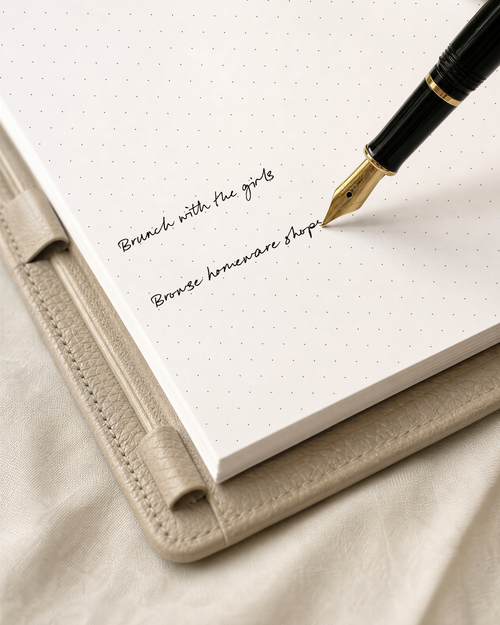 A close-up of a black and gold fountain pen writing on a white Notairé dotted notebook page, resting on a beige textured leather cover over a soft cream fabric background.