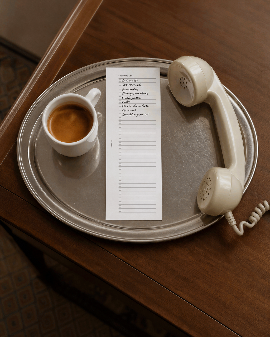 A vintage cream-colored rotary telephone receiver and matching cup sit on a round silver tray next to a handwritten Notairé half-page planner inserts on a wooden table.